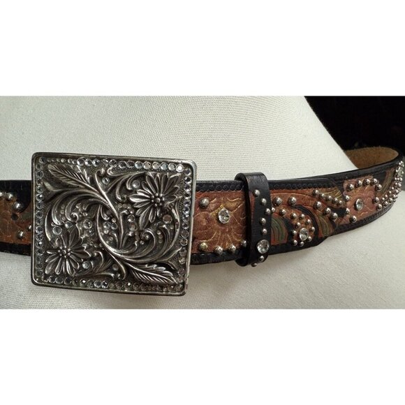 NACONA Brown Leather Belt N3464697 40-46 Inch Statement Rhinestones Hand Painted - Picture 3 of 8